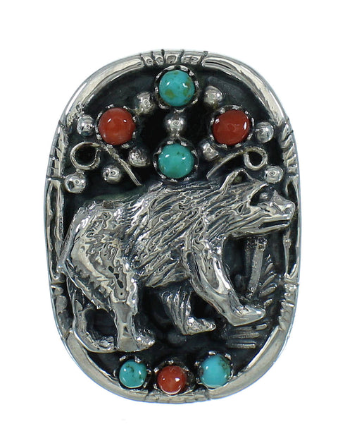 Sterling Silver Turquoise And Coral Southwest Bear Ring Size 7-1/4 RX84881